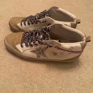 Golden Goose White and Tan Distressed Sneakers